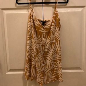 Yellow leaf print shift dress with buttons